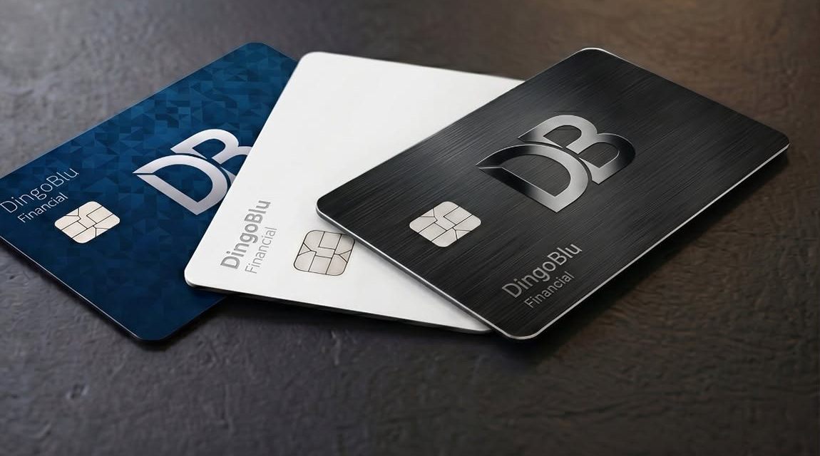 Three myDingoBlu debit cards in blue, white and black