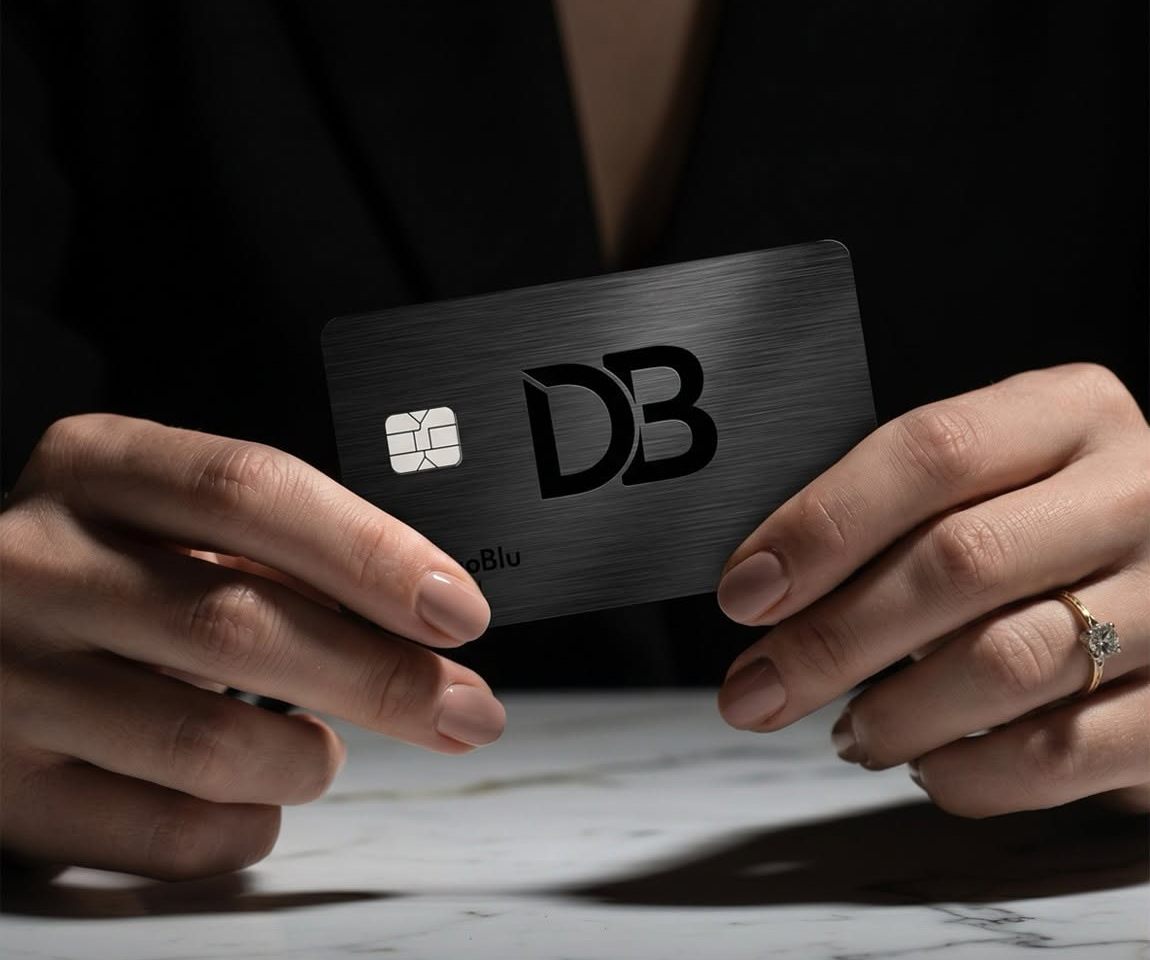 Hands holding a black myDingoBlu debit card